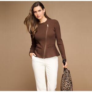 Talbots Women’s PXL Petite Moto Sweater Jacket Brown Gold Cable Knit Preppy NEW